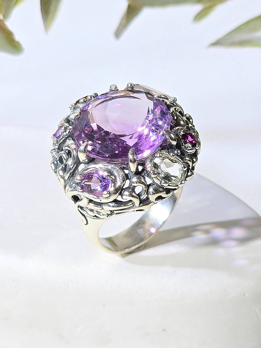 Серебряное кольцо ETERI с аметистом, турмалином и розовым кварцем
