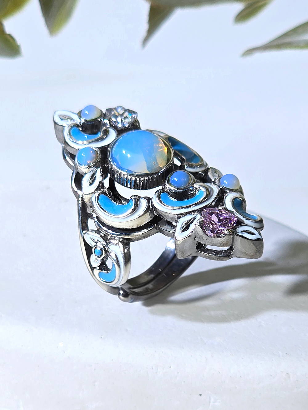 Серебряное кольцо Жар-Птица с опалом, фианитом и эмалью