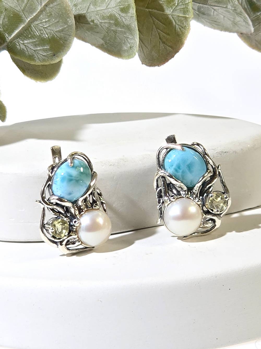Серебряные серьги ETERI с ларимаром, лимонным кварцем и жемчугом