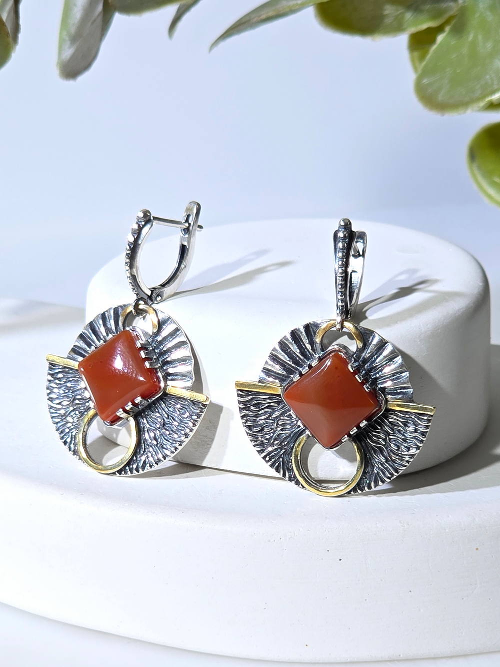 Серебряные серьги ETERI с сердоликом и позолотой