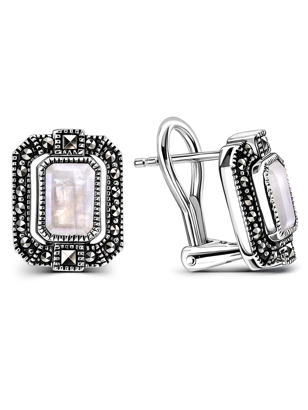 Серебряные серьги ALEXANDRE VASSILIEV с лунным камнем и марказитами Swarovski 