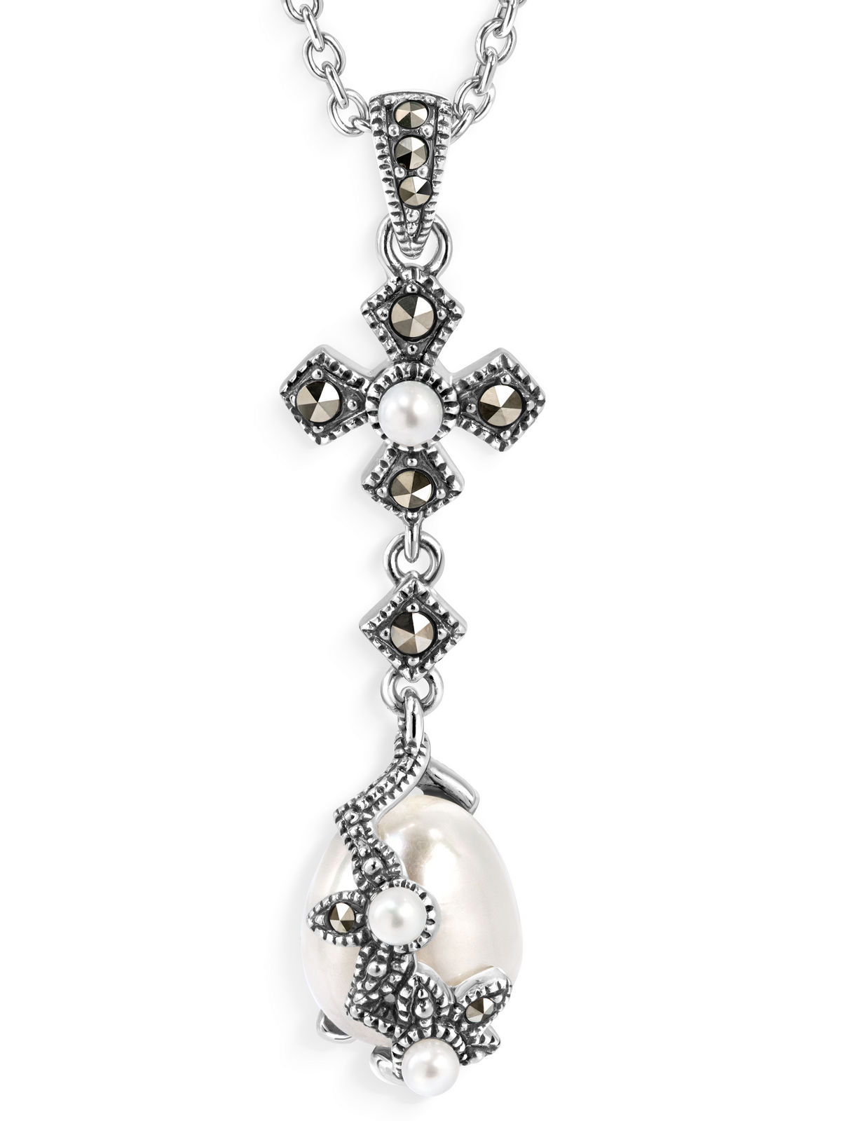Серебряный кулон на цепи ALEXANDRE VASSILIEV с микрожемчугом и марказитами Swarovski