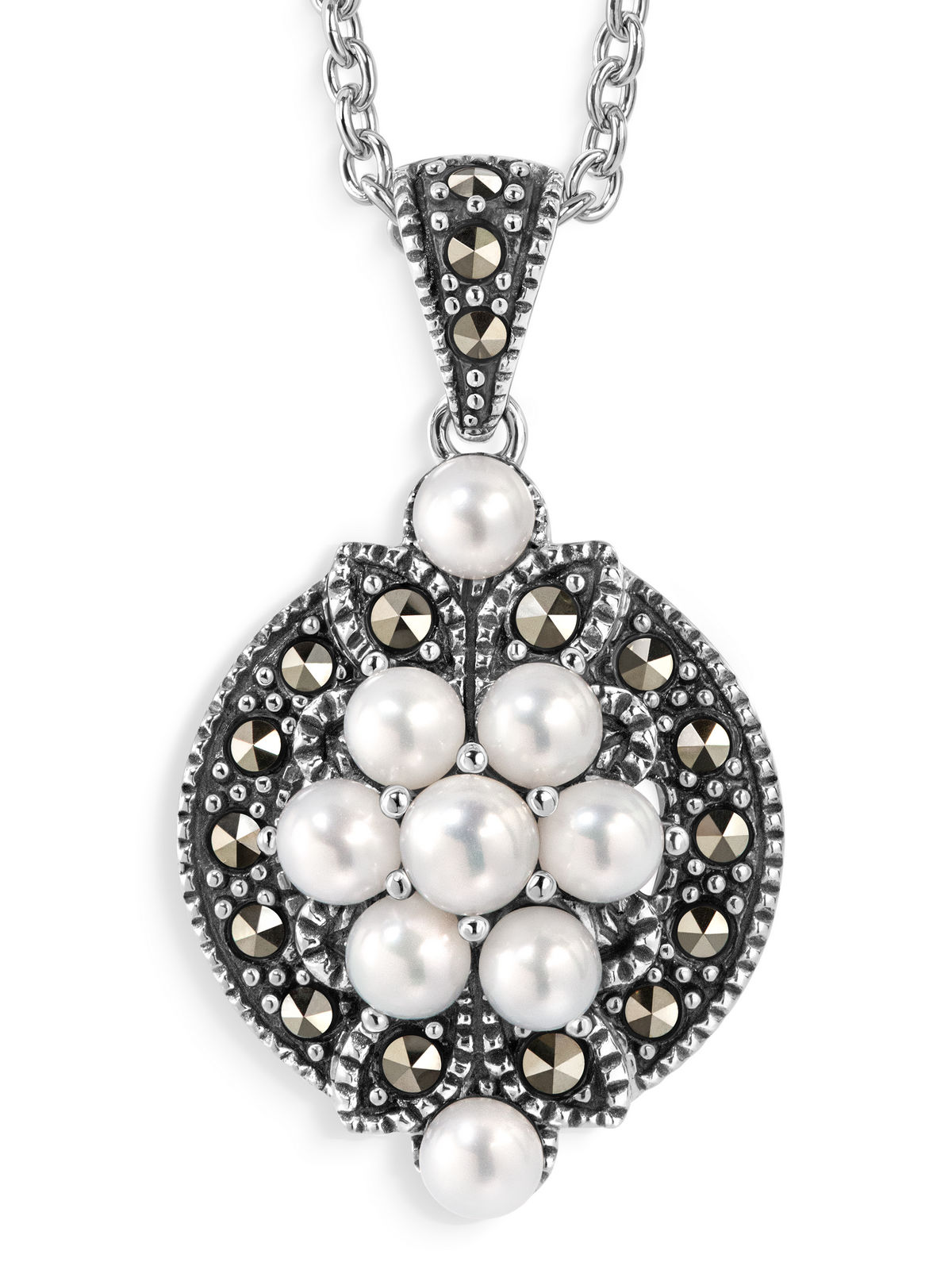 Серебряный кулон на цепи ALEXANDRE VASSILIEV с микрожемчугом и марказитами Swarovski
