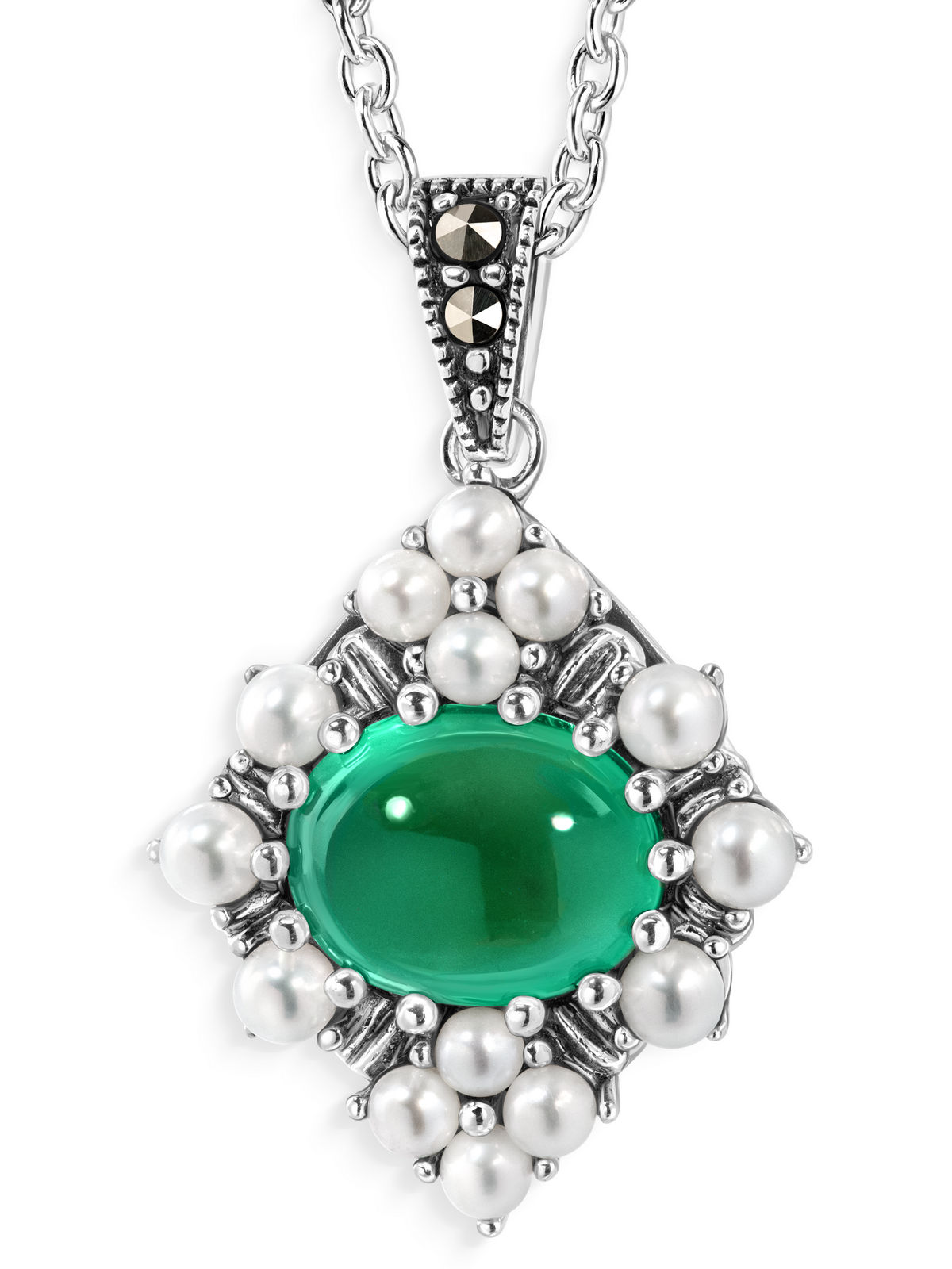 Серебряный кулон на цепи ALEXANDRE VASSILIEV с агатом, микрожемчугом и марказитами Swarovski