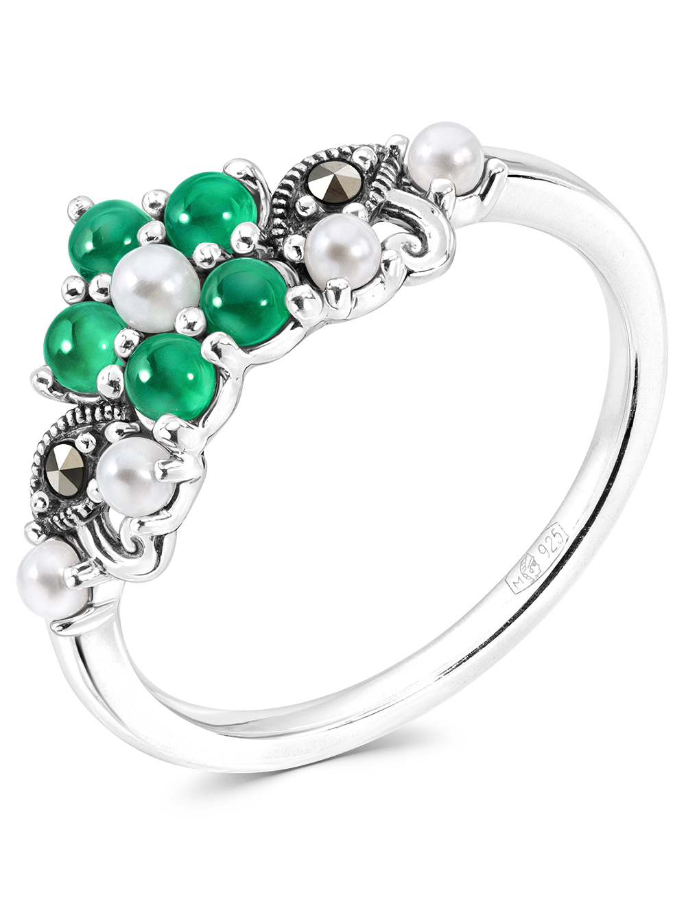 Серебряное кольцо ALEXANDRE VASSILIEV с зеленым агатом, микрожемчугом и марказитами Swarovski