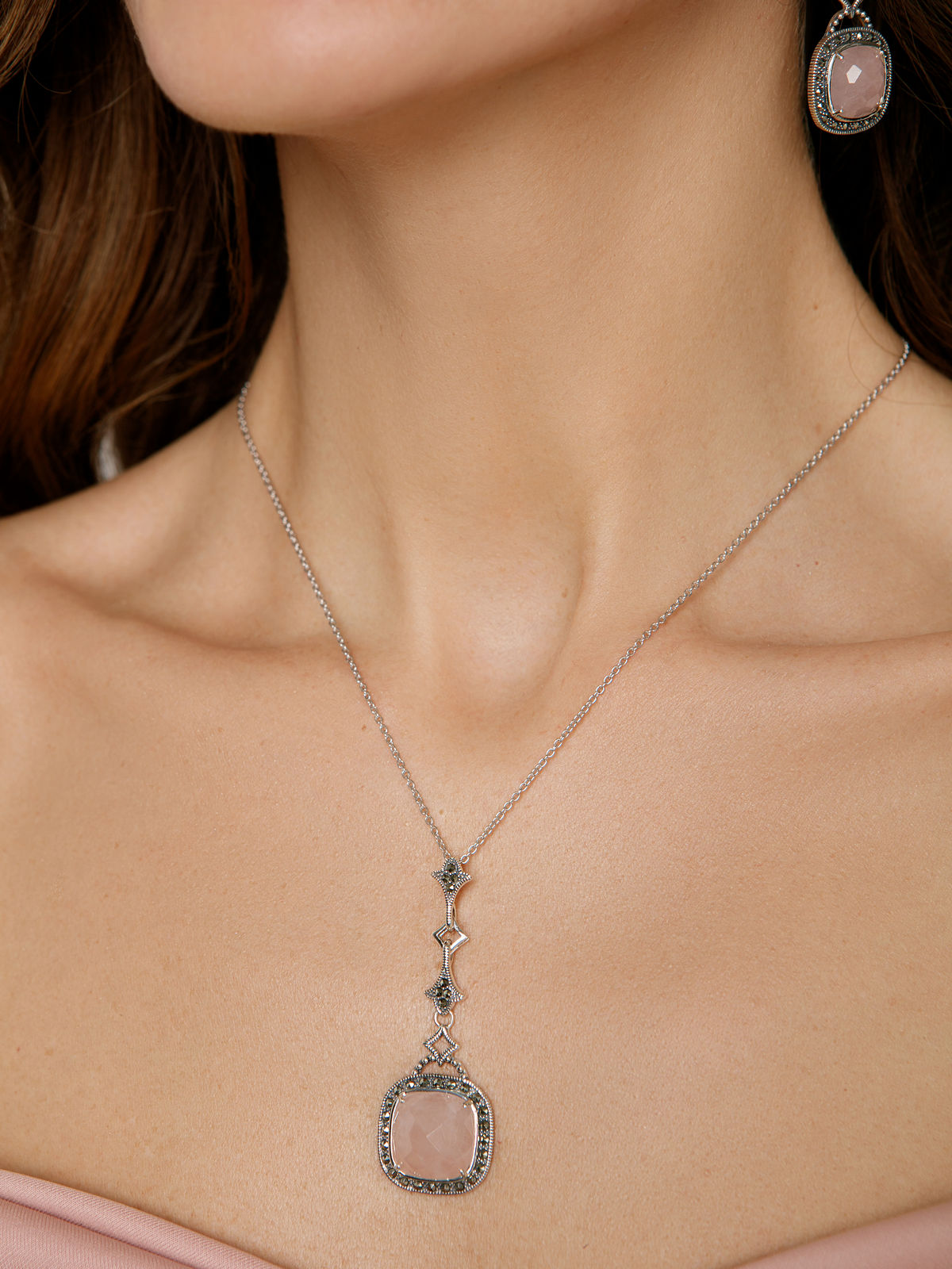 Серебряный кулон на цепи ALEXANDRE VASSILIEV с розовым кварцем и марказитами Swarovski