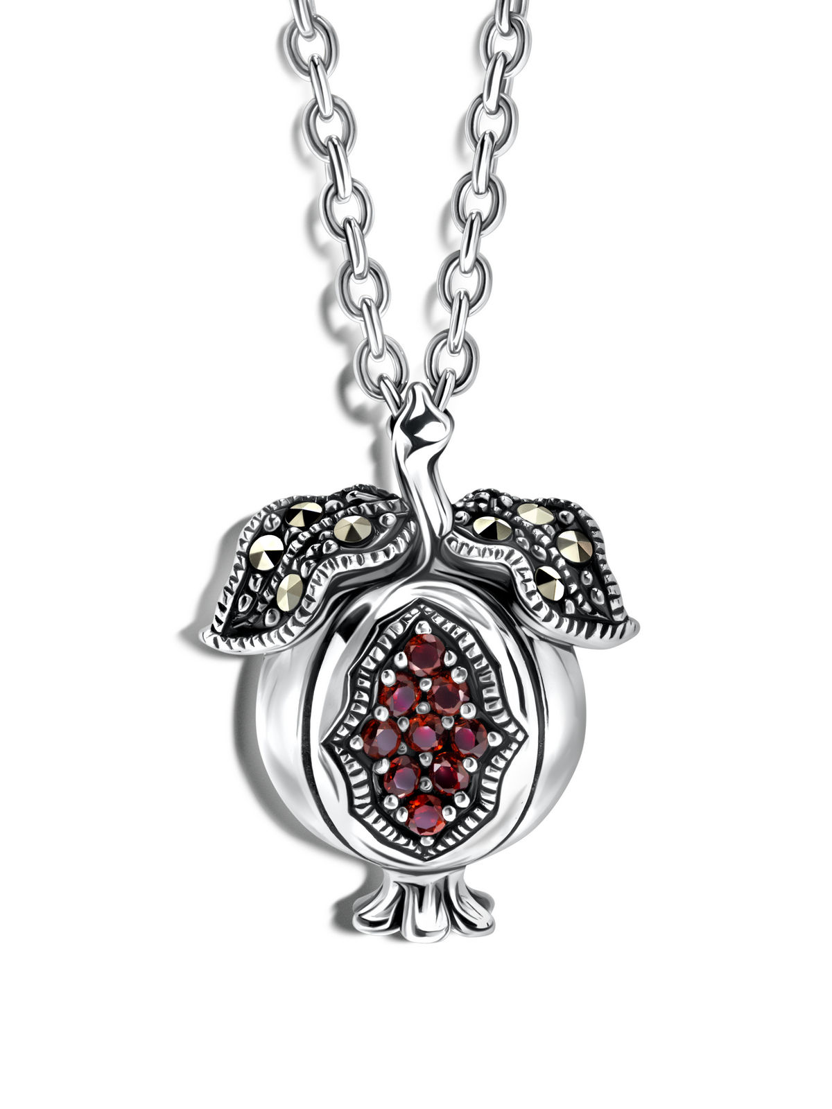 Серебряный кулон на цепи ALEXANDRE VASSILIEV с гранатом и марказитами Swarovski