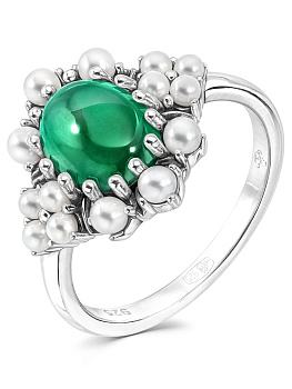 Серебряное кольцо ALEXANDRE VASSILIEV с зеленым агатом, микрожемчугом и марказитами Swarovski
