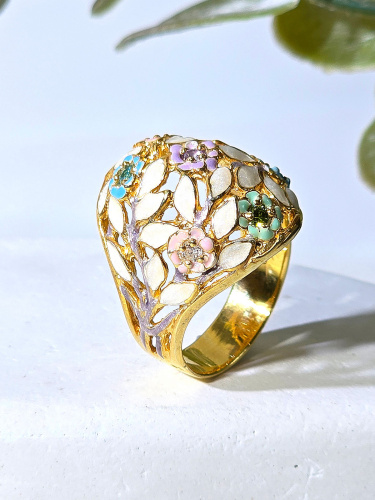 Серебряное кольцо Жар-Птица с фианитом, эмалью и позолотой