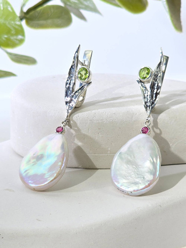 Серебряные серьги ETERI с жемчугом, хризолитом и турмалином