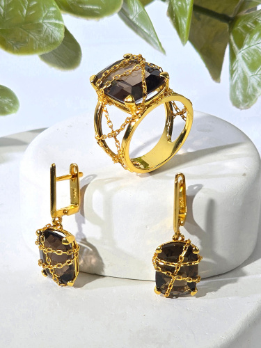 Серебряные серьги ETERI с раухтопазом и позолотой