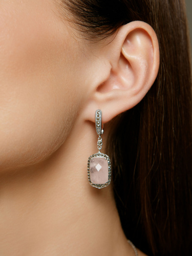 Серебряные серьги ALEXANDRE VASSILIEV с розовым кварцем и марказитами Swarovski