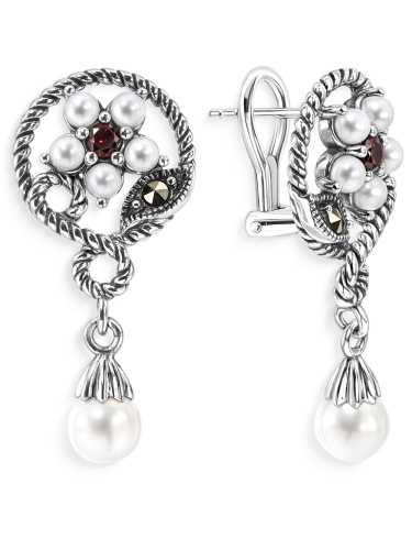 Серебряные серьги ALEXANDRE VASSILIEV с жемчугом, гранатом и марказитами Swarovski 