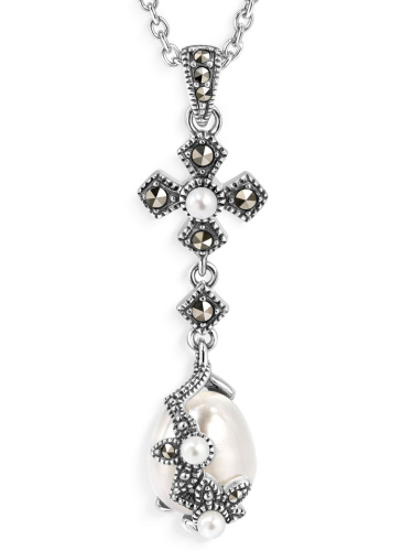 Серебряный кулон на цепи ALEXANDRE VASSILIEV с микрожемчугом и марказитами Swarovski