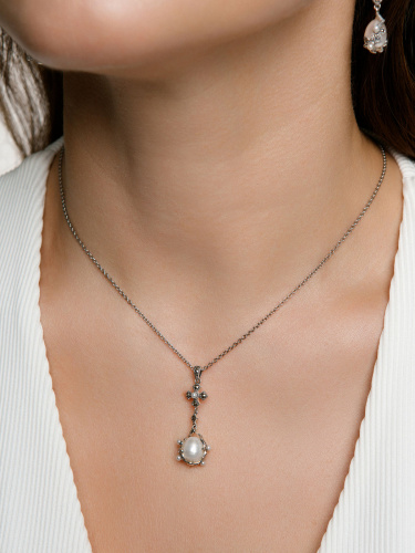 Серебряный кулон на цепи ALEXANDRE VASSILIEV с микрожемчугом и марказитами Swarovski