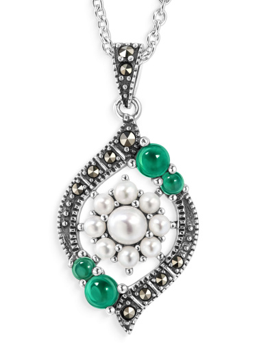 Серебряный кулон на цепи ALEXANDRE VASSILIEV с агатом, микрожемчугом и марказитами Swarovski