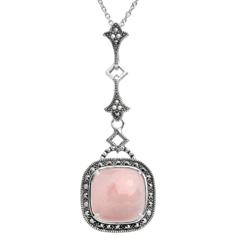 Серебряный кулон на цепи ALEXANDRE VASSILIEV с розовым кварцем и марказитами Swarovski